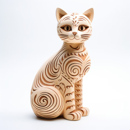 a cat sculpture showcasing a vibrant and intricate pattern, reminiscent of detailed engravings. the sculpture features spirals and is predominantly light brown and beige in color. crafted from wood, it exudes a sense of intricate minimalism, incorporating polish folklore motifs and optical illusionism. ai generatedの素材