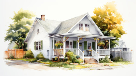 a cozy cottage, depicted in watercolor paint, stands out against a white background. the artwork showcases the hyperrealistic style of pencil drawings, with vibrant shades of green and light amber. the highly realistic details make this piece truly eye-catching, embodying the essence of hyper-realistic pop art. ai generatedの素材
