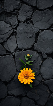 marigold growing on black shingle, tabletop photography, visually tactile surfaces, sustainable design, voigtlander bessa r2m, dark gray and black, soft focus. ai generatedの素材