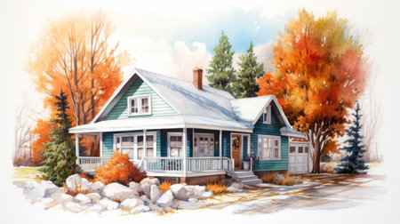 a cozy cottage, depicted in watercolor paint, stands out against a white background. the artwork showcases the hyperrealistic style of pencil drawings, with vibrant shades of green and light amber. the highly realistic details make this piece visually captivating, offering a hyper-realistic pop to any space. ai generatedの素材