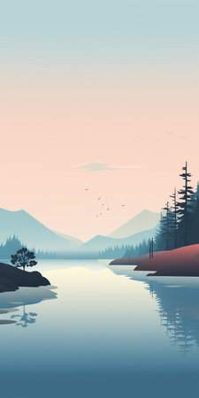 a serene summer scene unfolds in this captivating photograph, showcasing a picturesque lake nestled amidst majestic mountains. the soft gradients of light maroon and dark azure create a mesmerizing atmosphere, complemented by the enchanting woodland imagery. immerse yourself in the beauty of coastal landscapes and nature-based patterns, evoking a sense of cabincore charm in this atmospheric landscape. ai generatedの素材