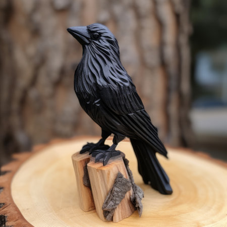 raven carving in 3d printed resin, inspired by the style of samyang af 14mm f2.8 rf lens. this outdoor art piece showcases a heavy use of palette knives, intricate woodwork, and natural materials. made of wrought iron, this prairiecore sculpture captures the essence of the majestic raven in a unique and visually stunning way. ai generatedの素材