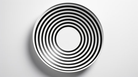 a black and white bowl featuring a captivating design of circles by anthony taylor. this pop-art inspired graphic design showcases the influence of carlos cruz-diez. the photograph is captured with high speed sync and back button focus techniques, resulting in a highly detailed image. the rhythmic lines add an extra element of visual interest. ai generatedの素材