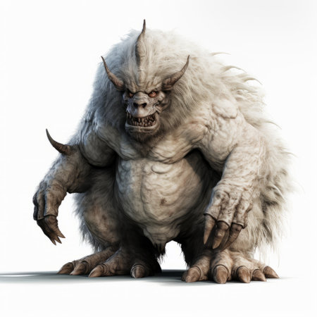 a white monster with big claws is seen being dragged across the floor in this realistic and detailed rendering. the softbox lighting enhances the frostpunk atmosphere, while the strong facial expression adds intensity. the thick texture of the creature's skin adds to its menacing presence, creating a captivating fawncore image. ai generatedの素材