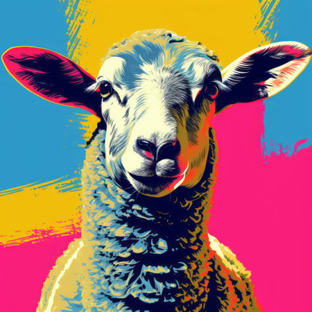 a sheep with white ears stands out against a vibrant and colorful background, reminiscent of pop art-inspired visuals. this bold poster features the influence of young british artists (ybas) and showcases graphic illustrations created using chalk and charcoal printing techniques. the image has been enhanced with cross processing, resulting in a high-definition (32k uhd) visual experience. ai generatedの素材