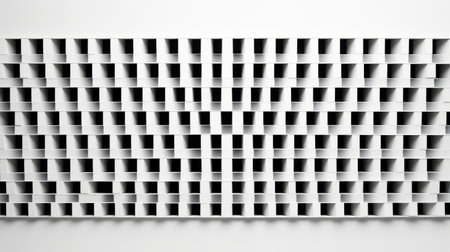 a modern white cube with wooden block squares arranged in a crosshatched shading style. the composition follows a symmetrical and minimalist approach, reminiscent of constructivist photography. the repetition of squares creates a visually striking pattern, while the zigzag elements add an intriguing dynamic to the overall design. this photograph captures the essence of paper sculptures and showcases a contemporary aesthetic. ai generatedの素材
