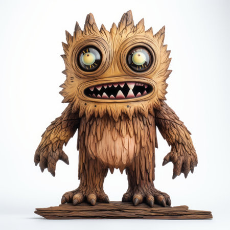 a wooden toy featuring a large toothy monster, designed with realistic and detailed rendering. the expressive character design draws inspiration from artists like jeff soto and seth macfarlane. the toy showcases rough textures, and the high-resolution uhd image highlights its plastic construction. ai generatedの素材