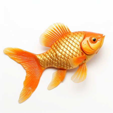 an orange and yellow fish, inspired by zen buddhism, rests on a serene white surface. the fish's vibrant colors, reminiscent of light gold and gold, create a realistic and lifelike appearance. this unique composition combines elements of barbiecore, oshare kei, and the imitated material of the ricoh ff-9d camera. ai generatedの素材