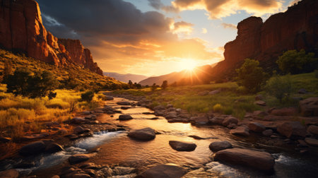 a small creek, nestled amidst trees and boulders, basks in the golden hues of a sunrise. this cowboy-inspired image captures the essence of expansive landscapes, with rays of sunlight casting a warm amber and turquoise glow. the dramatic splendor of mountainous vistas is enhanced by the rim light, creating a captivating scene. ai generatedの素材
