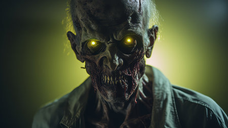 a zombie with a yellow eyeball is depicted in this hyper-detailed rendering. the green background, illuminated by sunlight, adds to the eerie atmosphere. the image is created in the style of the tokina at-x 11-16mm f2.8 pro dx ii lens, known for its realistic and detailed renderings. influences from artists like chen zhen and frank mccarthy can be seen, enhanced by darktable processing and cross-processingの素材
