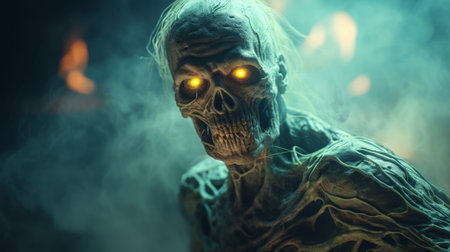 the horror wallpaper features a halloween theme with a strong facial expression. rendered in unreal engine, this meticulously detailed image showcases skeletal elements. the light aquamarine and light amber colors add to the eerie atmosphere. captured with a nikon d750, this photo brings the halloween spirit to life. ai generatedの素材