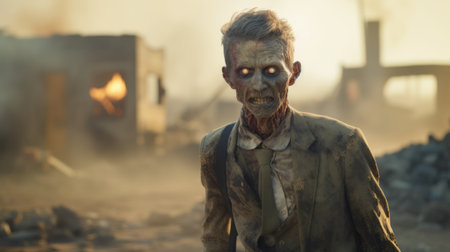 a zombie, inspired by the solarizing master style, is seen approaching a building in the area. the photograph showcases detailed facial features and soft-focus portraits reminiscent of artists like mike campau and charles spencelayh. the image captures a sense of eerie beauty with burned and charred elements, while selective focus draws attention to the zombie's haunting presence. ai generatedの素材