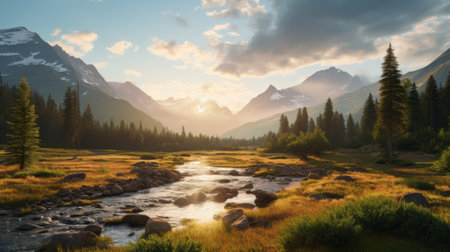 a vibrant summer mountain landscape captured in the style of cryengine and max rive. the image showcases a beautiful blend of light amber and gray tones, reminiscent of pastoral settings. inspired by the works of albert edelfelt, this photo exudes a deep sensitivity to the natural world, with romantic riverscapes adding to its allure. ai generatedの素材