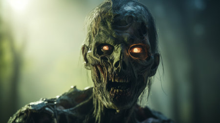 a high-end zombie game, zombie zombie, featuring precisionist art rendered in cinema4d. this uhd image showcases a dark green and light amber color scheme, with realistic hyper-detailed rendering. the backlighting and environmental portraiture add to the immersive experience of this visually stunning game. ai generatedの素材