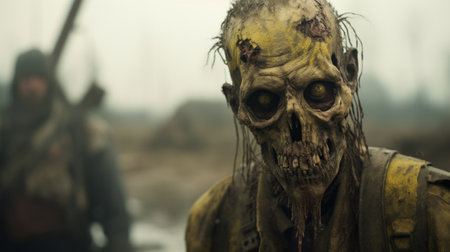 zombies standing on a foggy day, surrounded by a man and other zombies. this realist-style photo captures the dark yellow and bronze tones, with a close-up view. the zombies are made of trash, showcasing distinct facial features. shot with ue5, the selective focus adds depth to the composition. ai generatedの素材