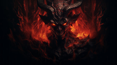 a highly detailed image of a black devil engulfed in flames, created using vray tracing. the devil is depicted with intricate facial features and is set against a hellish background. the image showcases the artist's skill in creating detailed environments, reminiscent of illustrations found in the necronomicon. this captivating artwork is a fusion of dragoncore, intel core, and hellish aesthetics. ai generatedの素材