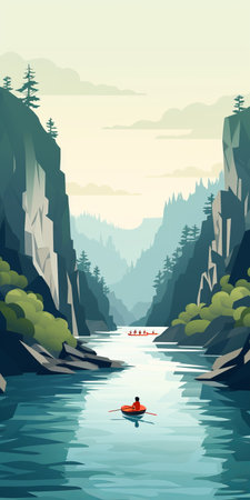 four people rowing down the river in a beautiful setting, depicted in graphic design-inspired illustrations. the scene showcases epic landscapes, reminiscent of the vancouver school art style. the cartoon compositions and poster-like illustration add a touch of artistic flair, while the naturalistic depth creates a captivating visual experience. ai generatedの素材