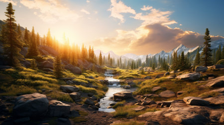 a breathtaking landscape featuring majestic mountains and meandering mountain streams in the desert. this 2d image, created in the style of cryengine, captures the beauty of nature with vibrant and airy scenes. the sunrays shining upon the landscape add a touch of whistlerian inspiration. immerse yourself in the wilderness and be amazed by the sheer beauty of this stunning artwork. ai generatedの素材