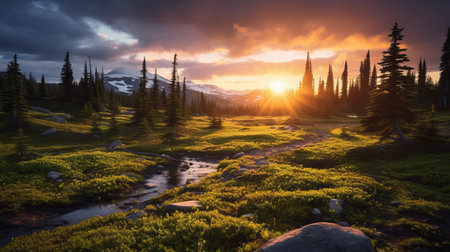 a stunning photograph capturing a majestic waterfall cascading down the mountainside at sunset. this breathtaking image showcases the beauty of nature in the style of rtx on, with lush landscape backgrounds reminiscent of whistlerian paintings. a national geographic-worthy photo, it realistically depicts the play of light and creates a serene pastoral scene in the midst of the wilderness. ai generatedの素材