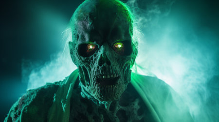 a green, ghostly mask with glowing green eyes stands in front of a foggy backdrop. this eerie image captures the intricate details of the mask's skull motifs. shot with the tokina at-x 11-16mm f2.8 pro dx ii lens, the photo showcases an anamorphic lens flare effect. the macro photography highlights the fine craftsmanship of the mask, while the zeiss milvus 25mm f1.4 ze lens ensuresの素材