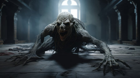 a man stands in an old church, illuminated by sunlight. the composition of the photo resembles hybrid creatures found in necronomicon illustrations. the image, created using unreal engine, showcases a unique blend of vines and intense facial expressions. nightmarish creatures and intense movement add to the overall atmosphere of the photo. ai generatedの素材