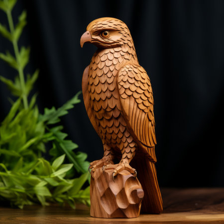 a wooden carving of an eagle is showcased against a striking black background in this tabletop photograph. the intricate details of the carving are highlighted through the use of focus stacking, creating a visually captivating image. the dark yellow and light brown tones of the carving complement the traditional vietnamese style, evoking a sense of natural scenery. shot on ferrania p30 film, this photograph capturesの素材