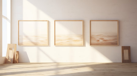 a 3d rendering of wall art featuring hazy landscape paintings framed in white with wooden frames. the artwork showcases light orange and beige tones, creating a naturalistic atmosphere. the realistic marine paintings and atmospheric installations add depth to the warm-toned photography installations. ai generatedの素材