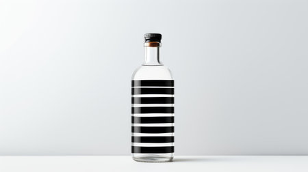 bottling glass bottle with black stripe background, featuring a minimalist design inspired by nature-based patterns. this unique creation by vytautas kairiukstis and petros afshar showcases a sleek and modern aesthetic. the white background enhances the minimalistic appeal of the design. captured with a leica cl camera, this photograph beautifully captures the essence of simplicity and elegance. ai generatedの素材