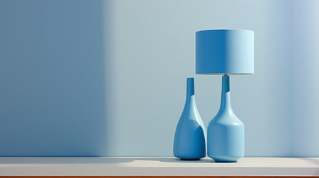 the photo showcases a minimalist still life featuring a lamp in the middle. the lamp is designed in a style that combines light indigo and sky-blue colors. the image is digitally enhanced using vray tracing, highlighting the quirky pottery and the unique modes of display. the overall composition is enhanced by the use of a lightbox. ai generatedの素材