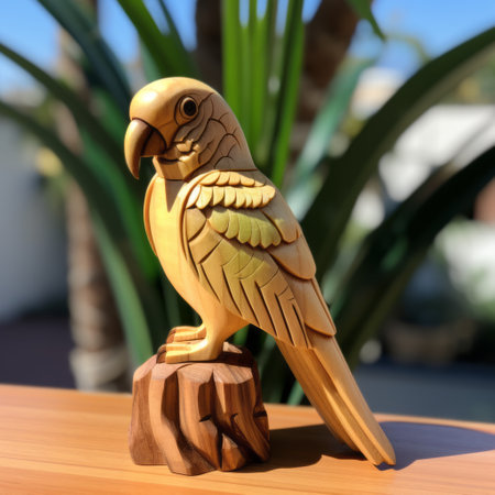 wooden replica of tropical bird on base, 8k resolution style by alex alemany. light yellow and dark gold hues bring vibrancy to this maya-rendered masterpiece. avocadopunk, toyen, and jessie arms botke influences shine through in this stunning creation. ai generatedの素材