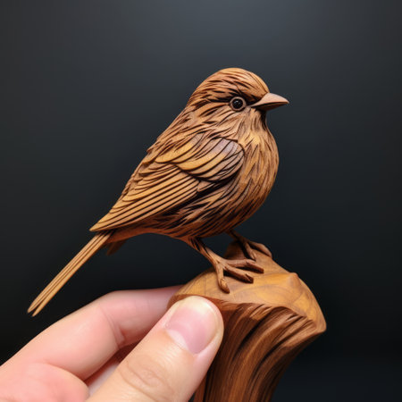 a wood carving by zhiqiu liang 7b, inspired by the life-like avian illustrations of dante gabriel rossetti. this 8k 3d artwork showcases soft brushstroke realism with a color palette of dark yellow and brown. created using a konica big mini camera, the carving features free-flowing lines that bring the subject to life. ai generatedの素材