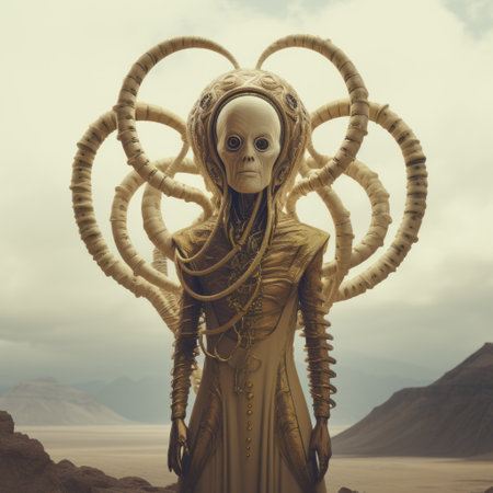 a woman, adorned in a long robe, stands on the edge of a desert in a sci-fi baroque style. the image, rendered in cinema4d, exudes an otherworldly grotesquery. with elements of vanitas and lovecraftian aesthetics, this captivating artwork by sacha goldberger showcases a symmetrical composition that is both intriguing and visually striking. ai generatedの素材