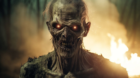 a photo showcasing hyper-detailed and realistic renderings of zombies with fiery eyeballs and green eyes. the vray tracing style adds a touch of epic fantasy to the scene, while the backlit photography technique enhances the eerie atmosphere. captured with a ricoh gr iii, this photo beautifully captures the suburban ennui and the skill of the wood sculptor. ai generatedの素材