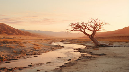 a stunning 8k resolution landscape photograph capturing the beauty of a desert-like forest with a solitary tree, reminiscent of romantic riverscapes. shot on 70mm, the image showcases a mesmerizing blend of light gold and orange hues. inspired by the works of elihu vedder, this atmospheric shot exudes an adventurous theme, perfect for nature enthusiasts. ai generatedの素材