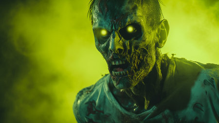 the zombie, with a strong facial expression, appears incredibly creepy against the vibrant green background. the photo, captured in the style of ray tracing, showcases a combination of dark yellow and light cyan tones. this documentary travel photography features volumetric lighting, creating a high-energy and intense atmosphere. the close-up shot emphasizes the eerie details of the zombie's appearance. ai generatedの素材