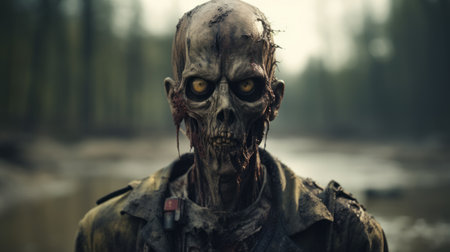 a chilling close-up shot of a woman's shivering face in the style of vray tracing. this haunting image captures the essence of the walking dead, with chilling creatures and war scenes. taken by daniel jaems using a nikon d750, the skeletal features add an eerie touch to this captivating photo. ai generatedの素材