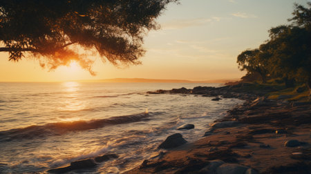 a romantic landscape photo of the ocean with a slight cloudiness, captured using an anamorphic lens flare technique. the italian landscapes inspire the light beige and orange tones, creating a mediterranean-inspired scene. the photo was taken with a tokina at-x 11-16mm f/2.8 pro dx ii lens, showcasing the beauty of nature. ai generatedの素材