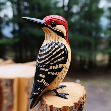 woodpecker perched on a wooden stump, showcasing a striking combination of light red and light black colors. the intricate and bold structural designs, along with the precise and sharp painting, create a visually captivating image. this 8k photograph captures the essence of avacadopunk style, with wood as the central theme. ai generatedの素材