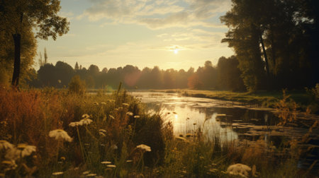 a boat peacefully floats on a serene lake, captured through the captivating lens flare of an anamorphic style. this picturesque scene showcases the beauty of the english countryside, with its golden light illuminating the naturalistic depictions of flora and fauna. reminiscent of dutch landscapes, this uhd image is brought to life using the unreal engine 5. ai generatedの素材