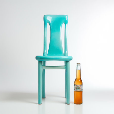 glass table top with a vibrant blue-green chair, captured by carlos ayab. this artistic composition draws inspiration from the styles of ernest zacharevic and scarlett hooft graafland. the image reflects the influence of absinthe culture, featuring a captivating blend of light cyan and amber hues. the advertisement-inspired aesthetic, reminiscent of chung shek, creates a visually striking scene. shot with iso 200. ai generatedの素材