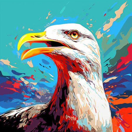 a brightly colored bird with distorted proportions and a strong facial expression is depicted in this aggressive digital illustration. the artist's style combines elements of sea and coast painting, resulting in a patriotic and colorful moebius design. the bird's vibrant colors, including light white and dark crimson, add to its striking appearance. ai generatedの素材