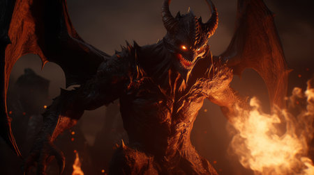 a devil, depicted in a hyper-detailed and realistic rendering, stands amidst a blazing fire, clutching a fiery arrow. this dynamic and action-packed scene, created in unreal engine, showcases the artist's skill in capturing primordial creatures. the crosshatching technique adds depth and texture to the image, resulting in a visually striking composition. ai generatedの素材