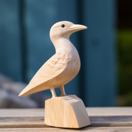 a wooden seagull perched on a wooden base, inspired by the style of wollensak 127mm f47 ektar. this unique piece showcases nature-based patterns, subtle shading, and precisionist lines and shapes. developed using caffenol, it embodies rebellious crafts and captures the essence of suburban ennui. ai generatedの素材