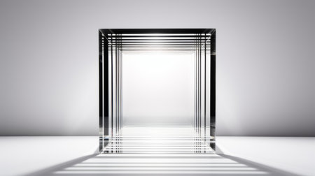 a conceptual sculpture featuring a glass door standing on a grey surface, with a white background. the photo showcases the reflection and the play of light, reminiscent of optical op art. the sculpture is characterized by rectangular fields, crystalcore material, high horizon lines, and layered translucency. ai generatedの素材