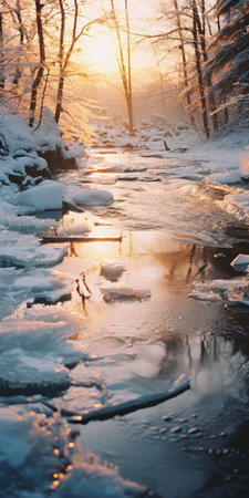 snow-covered trees in the forest create a mesmerizing scene resembling sparkling water reflections. the light pink and light amber hues add a touch of romance to the environment. this captivating image captures the essence of environmental activism and the urgency to address melting pots. shot with a pentax k1000, the backlight enhances the beauty of the romantic riverscape. ai generatedの素材