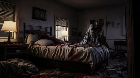 zombies, captured in the style of mike campau and asher brown durand, are seen walking in and out of a bedroom in these screenshots from "the living dead." the haunting images were taken using the tokina at-x 11-16mm f/2.8 pro dx ii and zeiss batis 18mm f/2.8 lenses, resulting in a chilling atmosphere reminiscent of fatima ronquillo's artwork. the use of vray enhances the realism,の素材