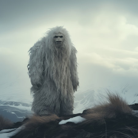 a strange creature with icy white hair stands atop mountains in this 8k resolution photograph. the image, inspired by the style of alex petruk ape and worthington whittredge, captures the beauty of norwegian nature. the moody colors and detailed costumes, reminiscent of nadav kander's work, add to the intrigue of this captivating scene. ai generatedの素材