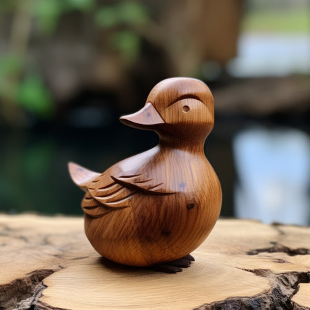 a small wooden figurine of a duck sitting on a log, showcasing the polished craftsmanship of oku art. this unique and one-of-a-kind piece is reminiscent of the works by makoto aida and arthur wardle. the intricate details and bulbous shape of the figurine are captured in stunning 4k resolution. ai generatedの素材