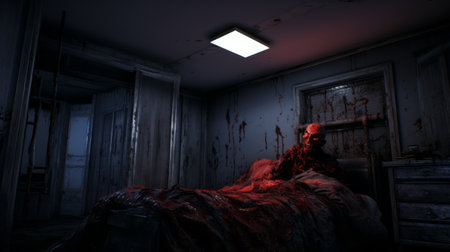 a dark and atmospheric image of a sickle cell zombie horror game on xbox 360, rendered in unreal engine. the image showcases a blown-off-roof perspective with a realistic hyper-detail environment. the uhd image features vray tracing, creating a dark pink and white color scheme that adds to the eerie atmosphere. ai generatedの素材