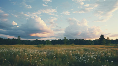 flatland over a grassy field with wild flowers rising from the horizon at sunset. this photograph, inspired by the style of marta bevacqua, captures the atmospheric clouds and rural america. the image showcases the beauty of the southern countryside, with its light cyan and yellow tones. cinestill 50d film adds a touch of nostalgia to the atmospheric woodland imagery. ai generatedの素材